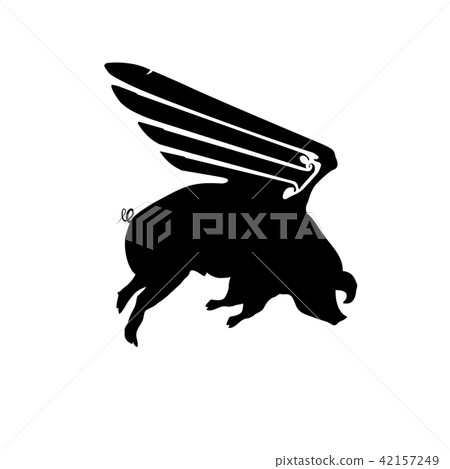 Silhouette funny piggy with wings flying 42157249