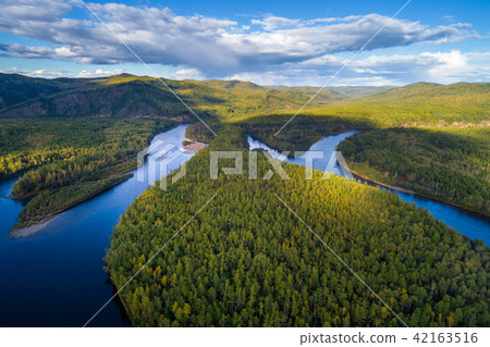 Aerial View of autumn mountains and small river Aerial View of autumn mountains and small river 42163516
