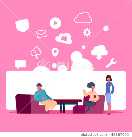 people sitting workspace online data cloud synchronization social network icon over pink background 42167063