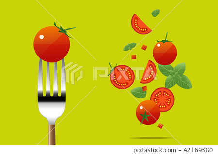 Fresh tomato on fork with flying tomatoes 42169380