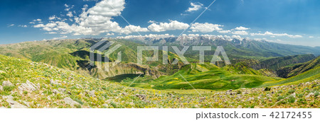 High mountain valley with lake peaks top view High mountain valley with lake peaks top view 42172455