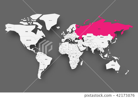 Russia pink highlighted in map of World. Light grey simplified map with dropped shadow on dark grey 42173876