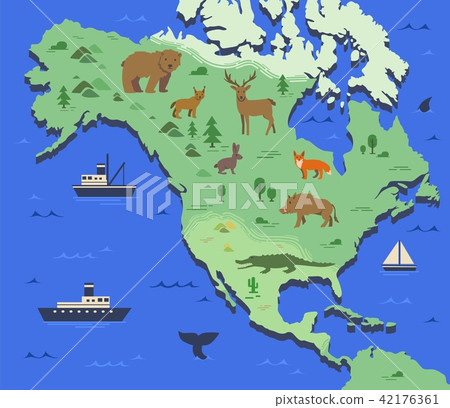 Stylized map of North America with indigenous animals and nature symbols. Simple geographical map 42176361