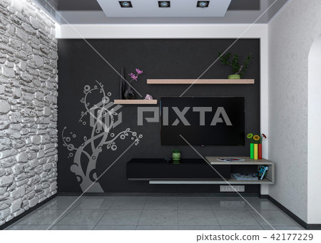 Modern living room wall unit, 3D rendering Modern living room wall unit, 3D rendering 42177229