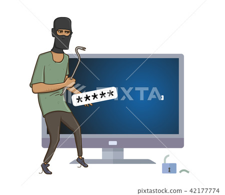 Masked robber with a puller hacking computer. Robber hacked computer password with pry bar. Comic 42177774