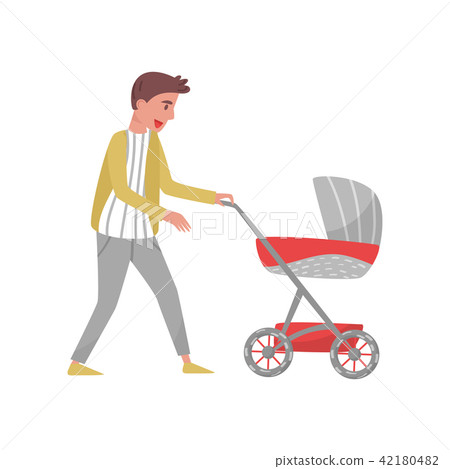 Young parent walking outdoor with baby in stroller. Father and child. Cartoon character of cheerful Young parent walking outdoor with baby in stroller. Father and child. Cartoon character of cheerful 42180482