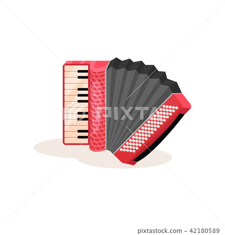 Flat vector icon of red accordion. Portable musical instrument with black and white keys. Element 42180589