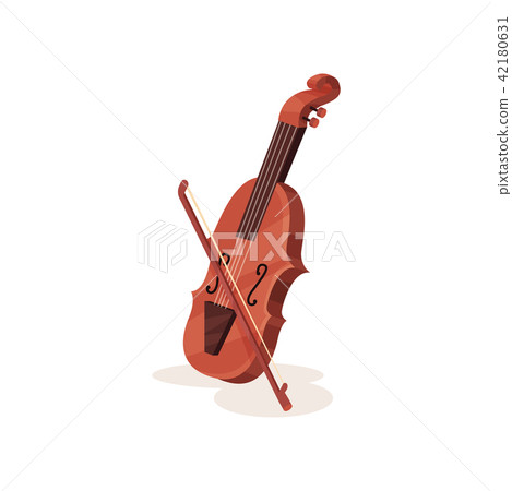 Flat vector icon of wooden violin with bow. Stringed musical instrument. Element for orchestra and Flat vector icon of wooden violin with bow. Stringed musical instrument. Element for orchestra and 42180631