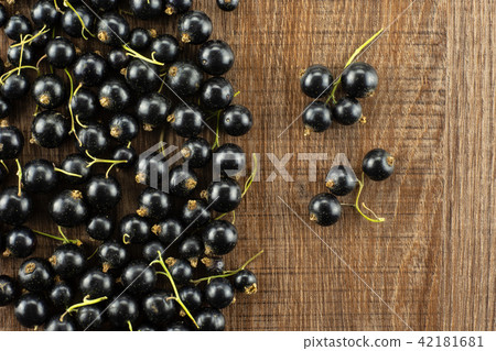 Fresh Raw Black Currant berry on brown wood Fresh Raw Black Currant berry on brown wood 42181681