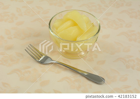 Canned pear slices in glass dessert cup with fork Canned pear slices in glass dessert cup with fork 42183152