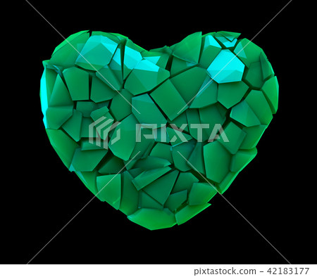 Heart symbol in a 3D illustration made of broken plastic green color isolated on a black Heart symbol in a 3D illustration made of broken plastic green color isolated on a black 42183177