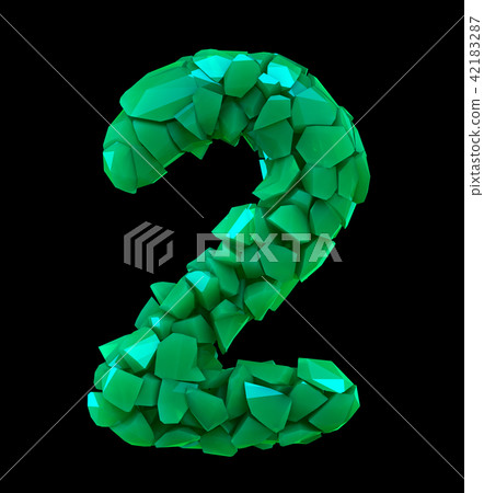 Number two 2 made of broken plastic green color isolated black background 42183287