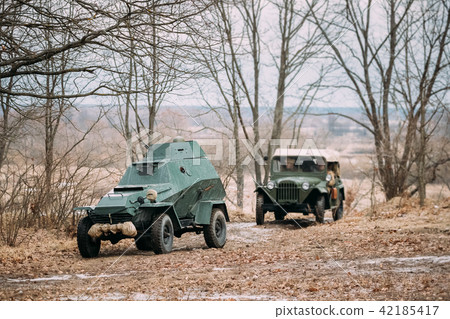 Russian Armored Soviet Scout Car BA-64 Of World War II And Truck 42185417