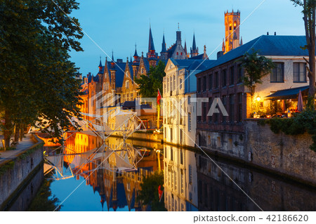 Night cityscape with a tower Belfort and the Green canal in Brug 42186620