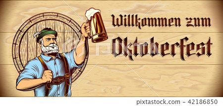 Invitation card with stamped title Willkommen zum Oktoberfest on wooden background. Man raise up beer mug with frothy lager. Template design leaflet, flyer with copy space. Vector vintage illustration 42186850
