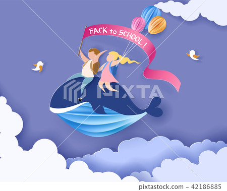 Card with kids sitting on whale flying in sky 42186885