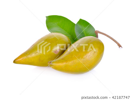 whole fresh canistel fruit with stem on white  42187747