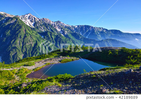 Hakuba Pond and New Hakuba Miyama with a fresh green seen from Happoone 42189889
