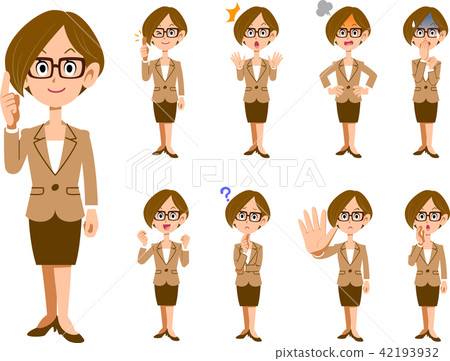 Working girls wearing eyeglasses Nine gestures and facial expressions 42193932