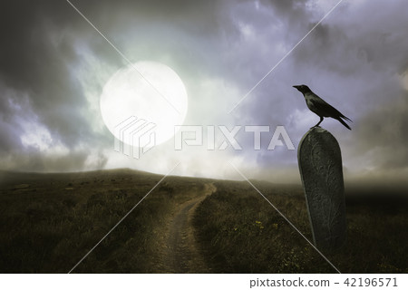 Halloween background with raven and grave 42196571