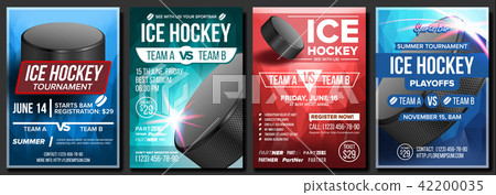Ice Hockey Poster Set Vector. Design For Sport Bar Promotion. Ice Hockey Puck. Modern Tournament Ice Hockey Poster Set Vector. Design For Sport Bar Promotion. Ice Hockey Puck. Modern Tournament 42200035