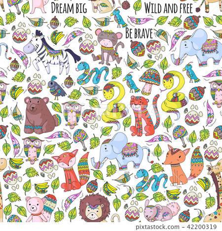 Pattern with cute forest and jungle animals. Fox, tiger, lion, zebra, bear, bird, parrot, snake 42200319
