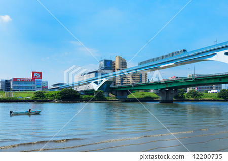 Fan Bridge over Arakawa and Territor Liner and Fishing Boat 42200735