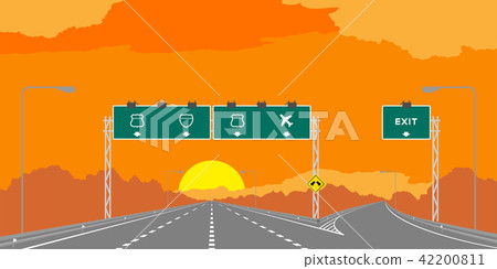 Y junction Highway or motorway and green signage Y junction Highway or motorway and green signage 42200811