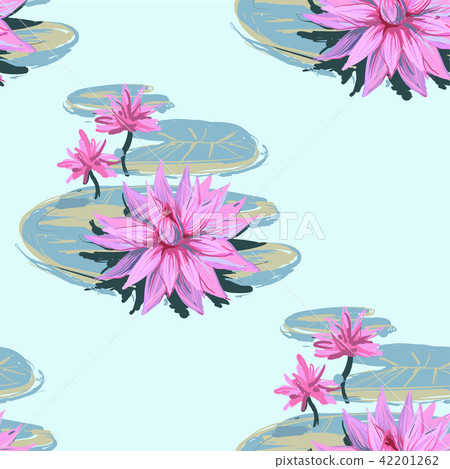 Vector sketch realistic seamless pattern of lotus flowers and leaves isolated on white background Vector sketch realistic seamless pattern of lotus flowers and leaves isolated on white background 42201262