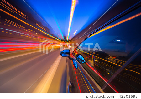 View from Side of Car moving in a night city 42201693