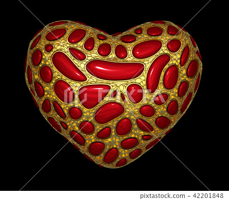 Heart made of golden shining metallic 3D with red glass isolated on black background. Heart made of golden shining metallic 3D with red glass isolated on black background. 42201848