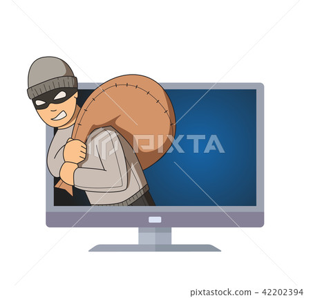 Masked burglar jumping out of the monitor with bag on his shoulder. Criminal character on TV. Flat Masked burglar jumping out of the monitor with bag on his shoulder. Criminal character on TV. Flat 42202394