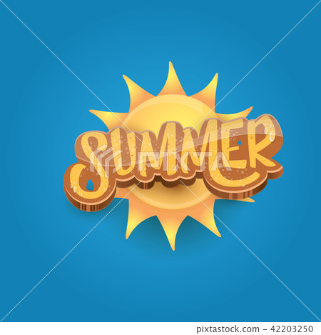 vector cartoon summer label paper art syle on blue sky background with orange sun. Summer beach vector cartoon summer label paper art syle on blue sky background with orange sun. Summer beach 42203250