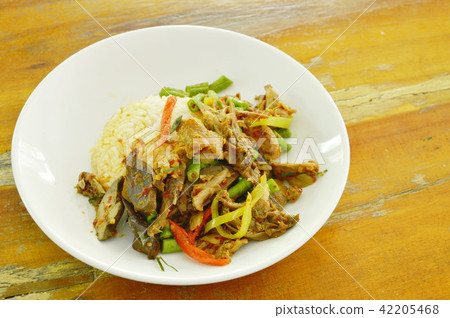 spicy fried duck meat curry with basil leaf spicy fried duck meat curry with basil leaf 42205468