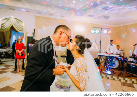 Close-up portrait of the kissing newlyweds holding the plate with the slice of the wed cake. Close-up portrait of the kissing newlyweds holding the plate with the slice of the wed cake. 42206660