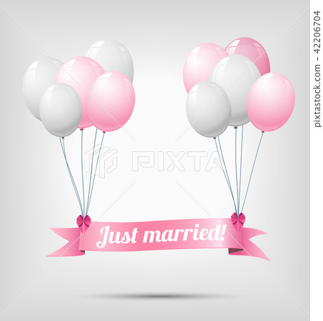 ribbon with text just married, hanging on balloons ribbon with text just married, hanging on balloons 42206704