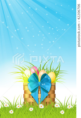 wooden basket with easter eggs on fresh grass wooden basket with easter eggs on fresh grass 42206706