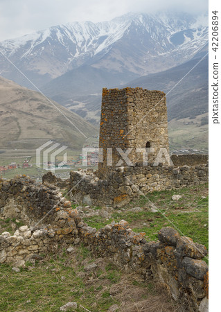 Guard tower of abandoned town in Alania, Russia 42206894
