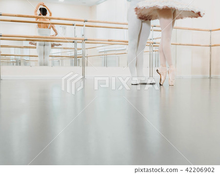 Legs close up. Rehearsal in the ballet hall or studio with minimalism interior. Young professional Legs close up. Rehearsal in the ballet hall or studio with minimalism interior. Young professional 42206902
