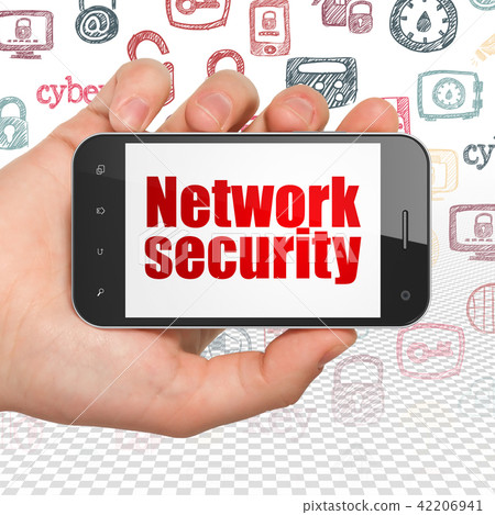 Safety concept: Hand Holding Smartphone with Network Security on display Safety concept: Hand Holding Smartphone with Network Security on display 42206941