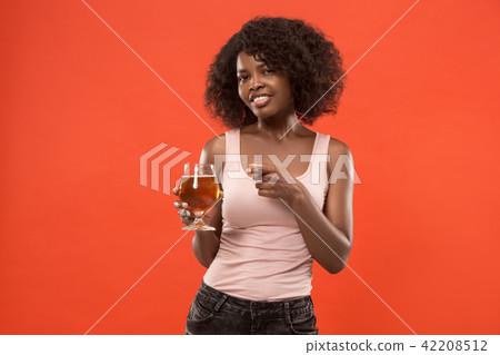 Sexy young afro woman drinking beer, not isolated on white background 42208512
