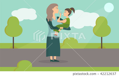 Illustration of an Asthmatic Girl Using an Inhaler. Mom with baby in the park 42212637
