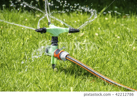 Sprinkler of automatic watering system working in the hot summer Sprinkler of automatic watering system working in the hot summer 42212786