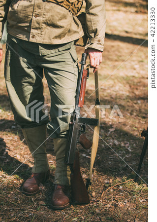 Re-enactor Dressed As Soldier Of Usa Infantry Of World War Ii Holds Re-enactor Dressed As Soldier Of Usa Infantry Of World War Ii Holds 42213330