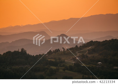 Kutaisi, Georgia. View Of Valley From Gelati Monastery In Sunset Kutaisi, Georgia. View Of Valley From Gelati Monastery In Sunset 42213334