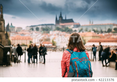 Prague, Czech Republic. Young Caucasian Woman Looking At Upper Town 42213376