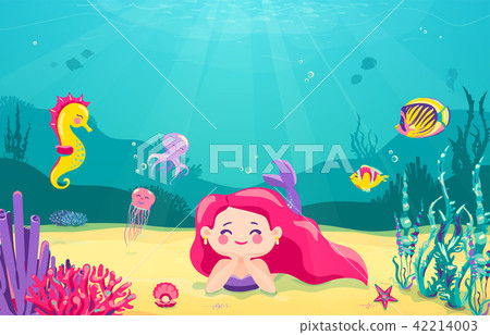 Cartoon mermaid background with fish, rocks, coral, starfish, octopus, sea horse, seaweed, pearl Cartoon mermaid background with fish, rocks, coral, starfish, octopus, sea horse, seaweed, pearl 42214003