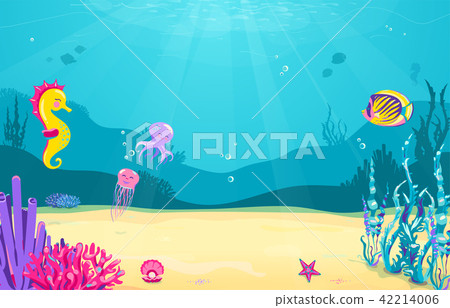 Underwater cartoon background with fish, sand, seaweed, pearl, jellyfish, coral, starfish, octopus Underwater cartoon background with fish, sand, seaweed, pearl, jellyfish, coral, starfish, octopus 42214006