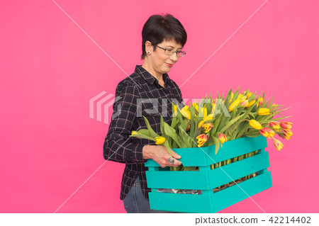 Middle-aged woman florist with wooden box of tulips on pink background Middle-aged woman florist with wooden box of tulips on pink background 42214402