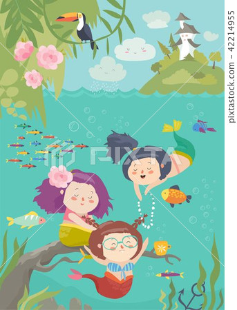 Cute cartoon mermaids with beautiful underwater world Cute cartoon mermaids with beautiful underwater world 42214955